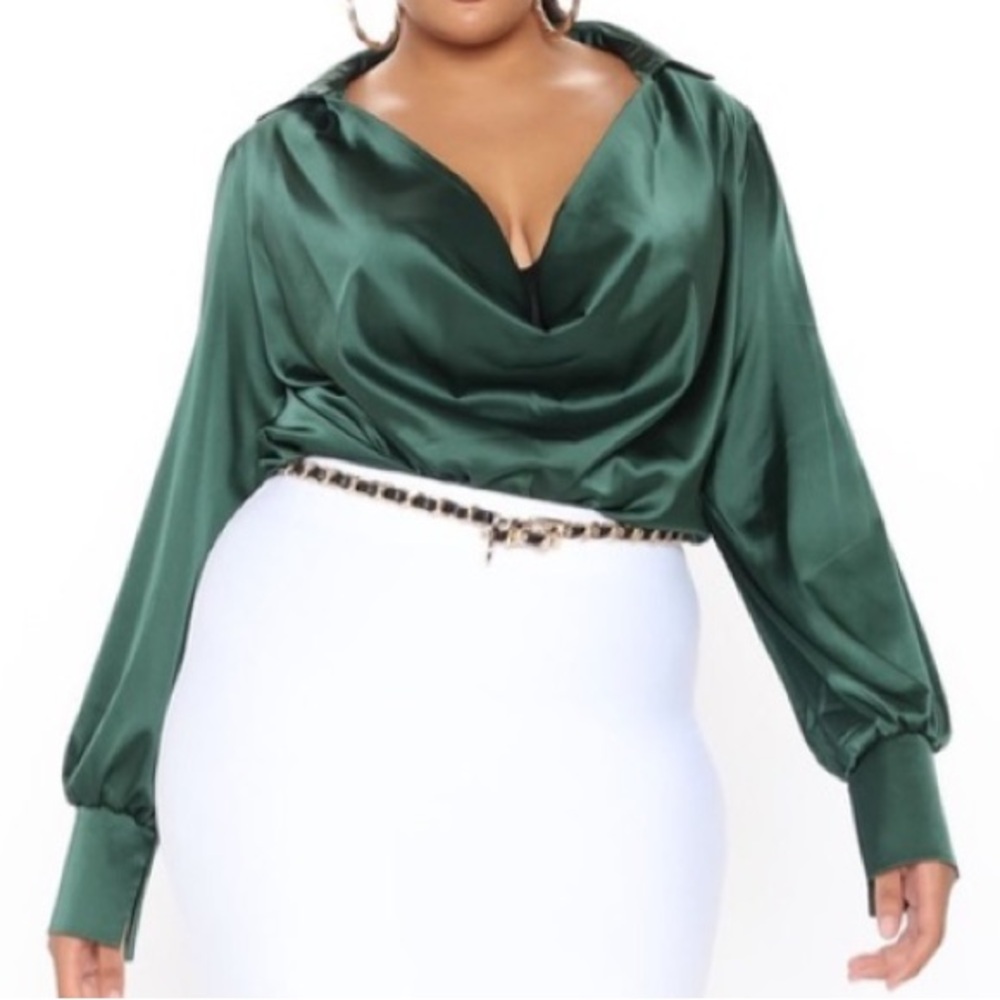 🟠NWT Touch By Touch Cowl Neck Satin Blouse in Hunter Green 1X